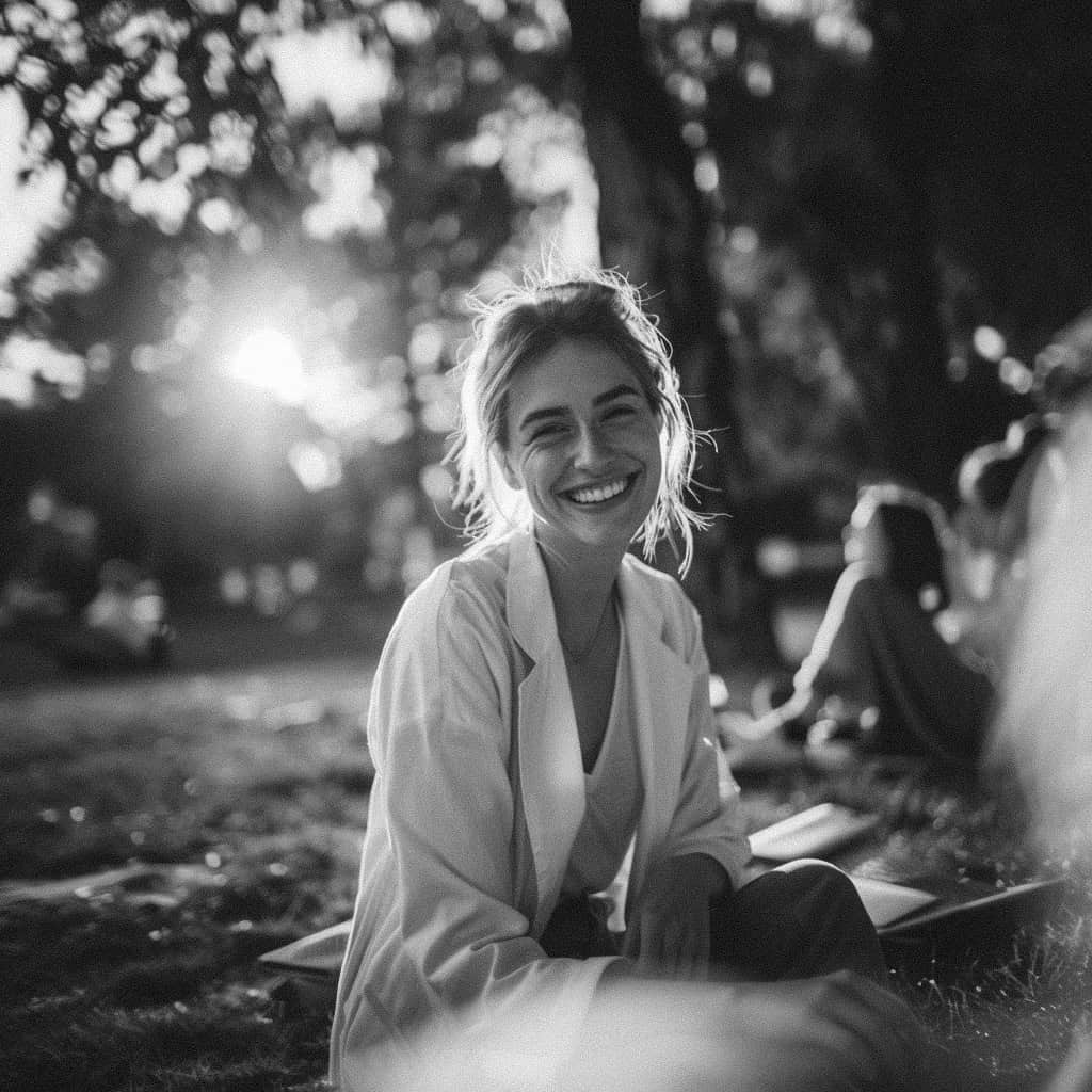 a woman sitting on the ground smiling