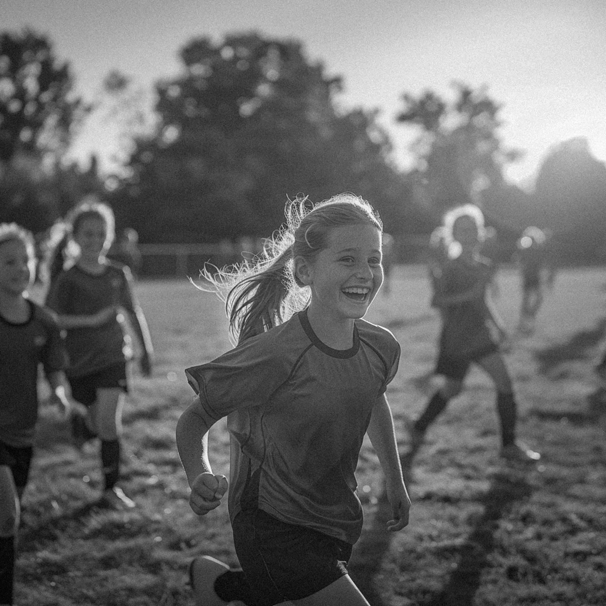 a group of children running on a field