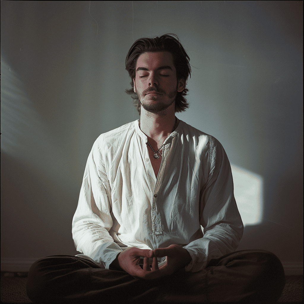 a man sitting cross legged in a room with his eyes closed