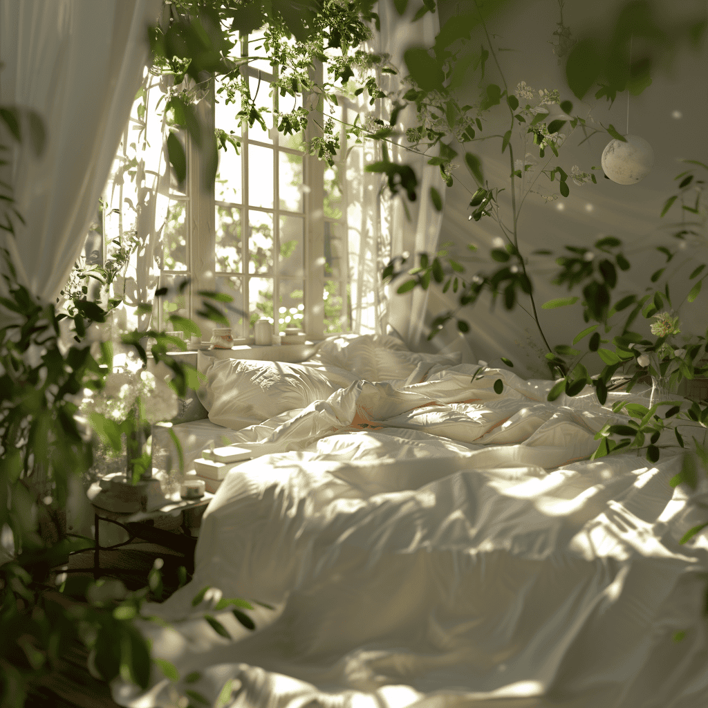 a bed with white sheets and pillows in a room with plants